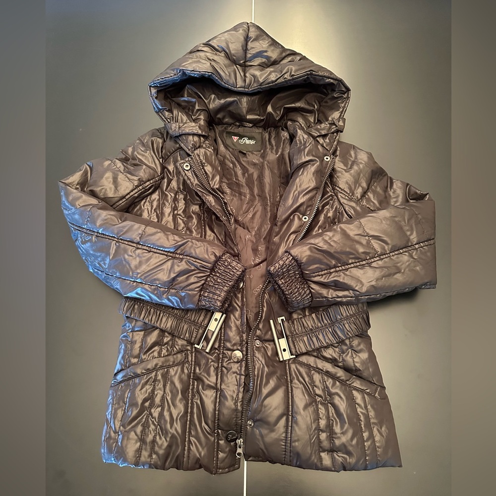 Guess Women's Original Jacket With Hood and Belt Black Size Large